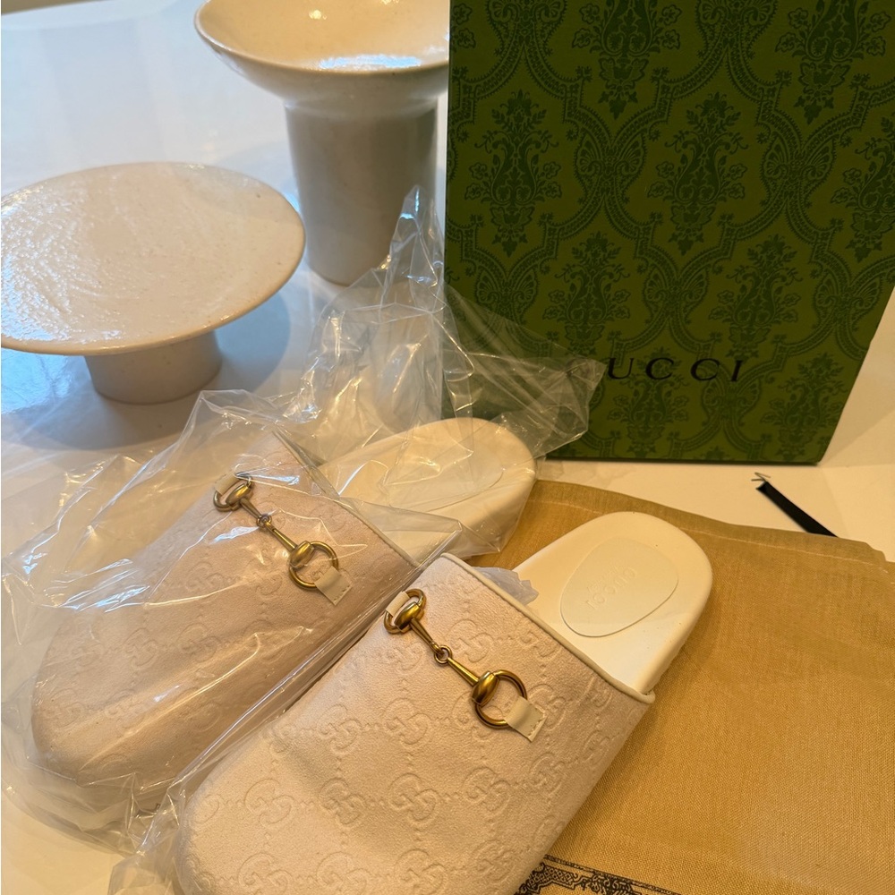 Gucci Cream Beige GG Canvas Horsebit Slide Flats